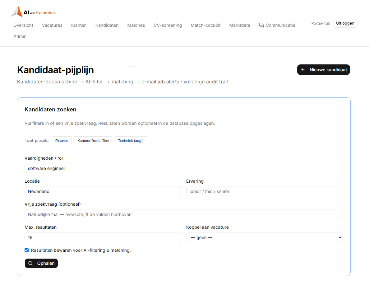 Klanten — kandidaat-pijplijn en filters