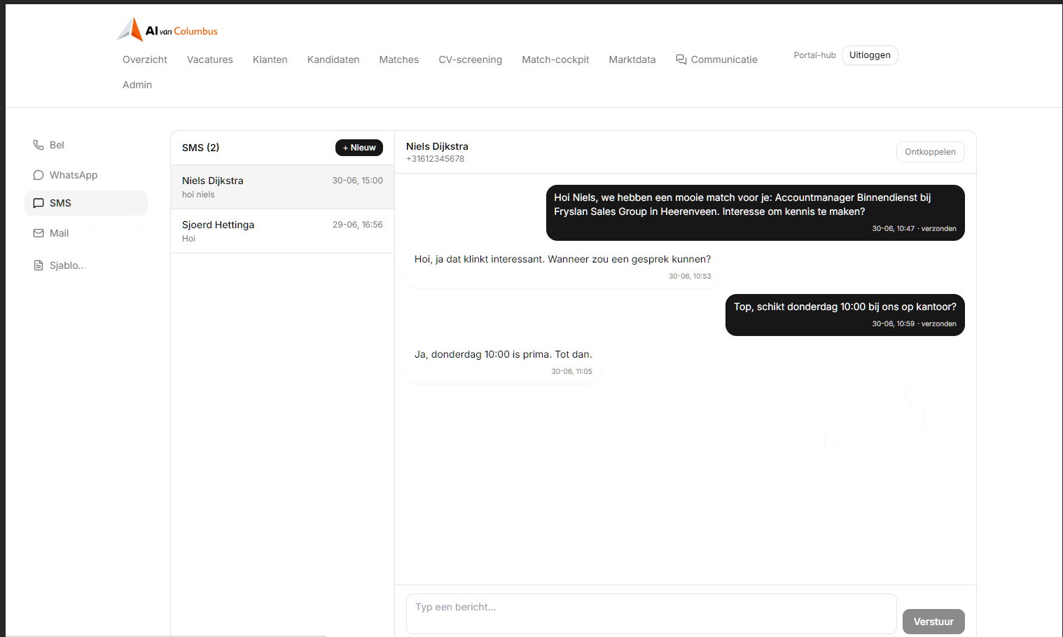 Kandidaatportaal — WhatsApp en SMS in één thread
